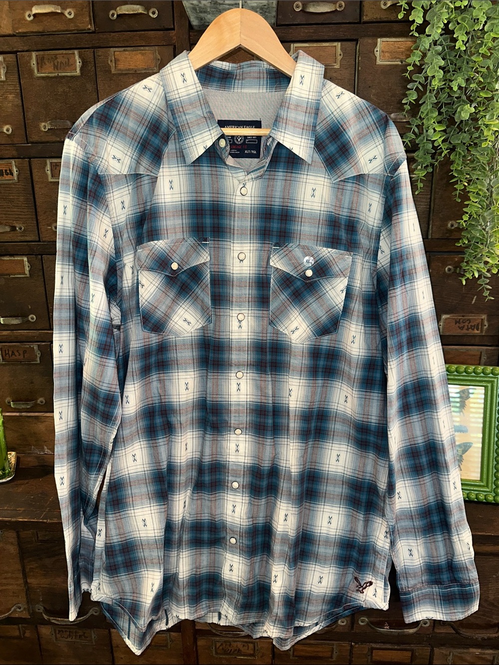American Eagle Outfitters Blue Plaid Button-Down Shirt